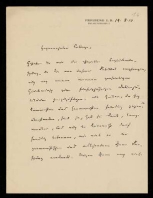 Brief von Otto Lenel an Otto von Gierke, Freiburg im Breisgau, 19.8.1910