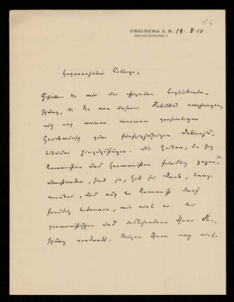Brief von Otto Lenel an Otto von Gierke, Freiburg im Breisgau, 19.8.1910