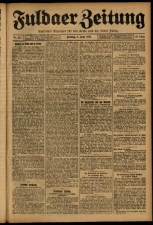 Erste Ausgabe vom Freitag, den 03. Juni 1921.