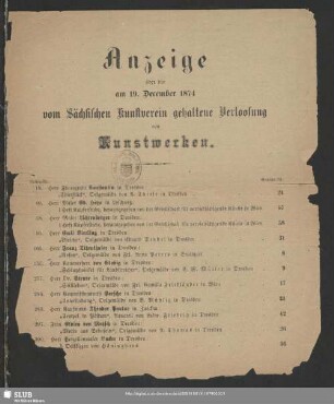 1874: Anzeige über die am ... vom Sächsischen Kunstverein gehaltene Verlosung von Kunstwerken