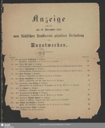 1874: Anzeige über die am ... vom Sächsischen Kunstverein gehaltene Verlosung von Kunstwerken