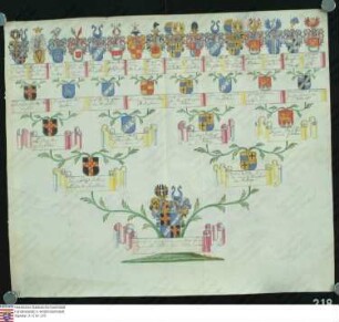Ahnenprobe des Johann Gottfried v. Ingelheim gen. Echter v. Mespelbrunn. - ausgefertigt 1710 September 3, Pergament