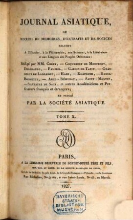Journal asiatique : périodique semestriel. 10. 1827