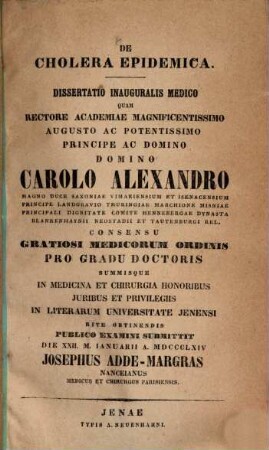 De cholera epidemica : dissertatio inauguralis medico