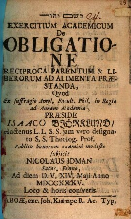 Exercitium acad. de obligatione reciproca parentum & liberorum ad alimenta praestanda