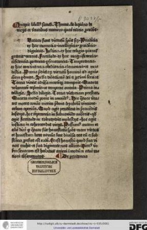 Incipit libellus sancti Thome de Aquino de vitiis et virtutibus numero quaternario procedens.