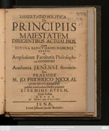 Dissertatio Politica De Principiis Maiestatem Dirigentibus Actualibus