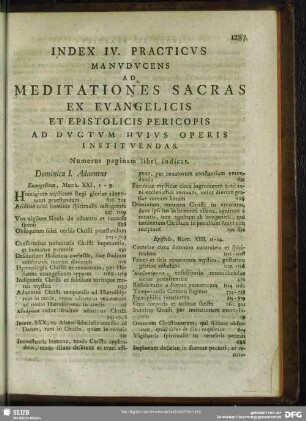 Index IV. Practicus Manuducens Ad Meditationes Sacras Ex Evangelicis Et Epistolicis Pericopis Ad Ductum Huius Operis Instituendas
