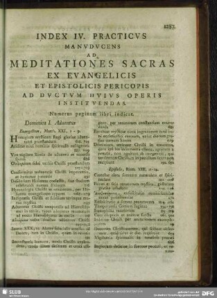 Index IV. Practicus Manuducens Ad Meditationes Sacras Ex Evangelicis Et Epistolicis Pericopis Ad Ductum Huius Operis Instituendas