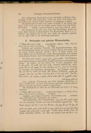 V. Philosophie und geheime Wissenschaften. [4° Cod. Ms. pers. 35 - 8° Cod. Ms. pers. 36]
