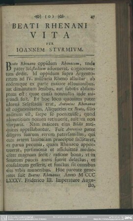 Beati Rhenani Vita Per Ioannem Sturmium