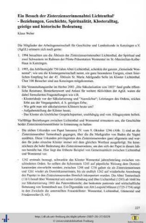 Ein Besuch der Zisterzienserinnenabtei Lichtenthal - Beziehungen, Geschichte, Spiritualität, Klosteralltag, geistige und historische Bedeutung
