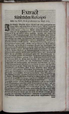 Extract Käyserlichen Rescripti vom 24. April. & de præsentato 24. Maji 1723