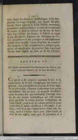 Section IX. Des Eglises particulieres ou Communes des Freres, de leurs différens Choeurs, & de leur direction