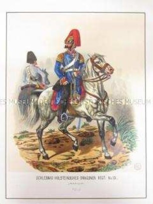 Uniformdarstellung, Stabstrompeter des Schleswig-Holsteinischen Dragoner-Regiments No. 13, Preußen zu Pferd, 1866. Tafel 101 aus: Schindler: Suplement zum Militair-Album.