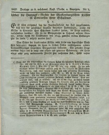 Die Vorzugsrechte der Mecklenburgischen Klöster in Concursen ihrer Schuldner.