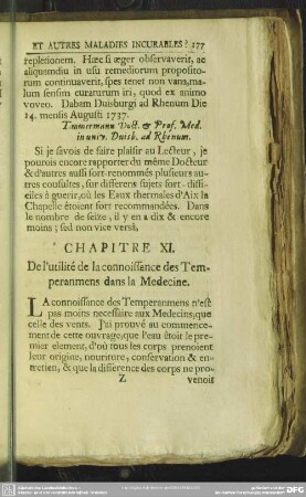 Chapitre XI. De l' utilité de la connoissance de Temperanmens dans la Medecine