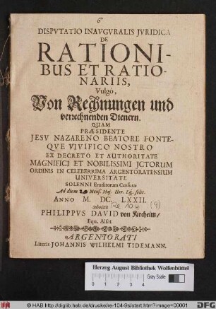 Disputatio Inauguralis Iuridica De Rationibus Et Rationariis, Vulgo, Von Rechnungen und verrechnenden Dienern