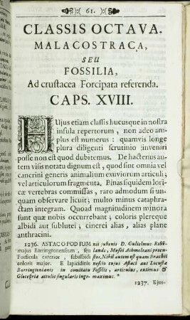 Classis Octava. Malacostraca, seu Fossilia, Ad crustacea Forcipata referenda.