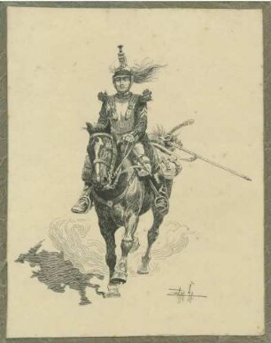 berittener französischer Kürassier von 1870 in Uniform und Brustpanzer, Zierhelm (Empirestil), am Sattel befestigter Degen