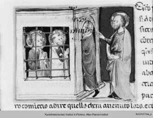 Paulus und Barnabas suchen Petrus und den Evangelisten Johannes im Gefängnis auf - Leggendario di Santi e Sante