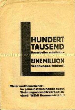 Broschüre der KPD gegen Arbeitslosigkeit, verbunden mit Wahlwerbung