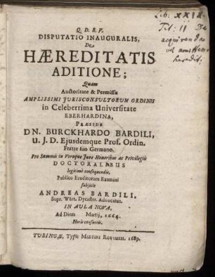 Disputatio Inauguralis, De Haereditatis Aditione