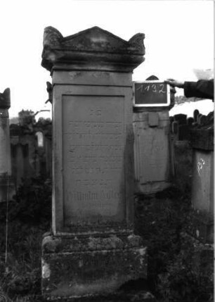 Grabstein 1132 (Index: 100104227) Material: Sandstein Zustand: gut erhalten, Sockel von Flechten bewachsen und verwittert Maße HxBxT: 170x53x20 cm Beschreibung: Stele auf getrepptem Sockel, Giebelaufsatz mit Eckakroterien, eingetieftes hochrechteckiges Schriftfeld, auf Sockel weitere Inschrift (?) Symbolik: Palmetten: Grabstein 1132