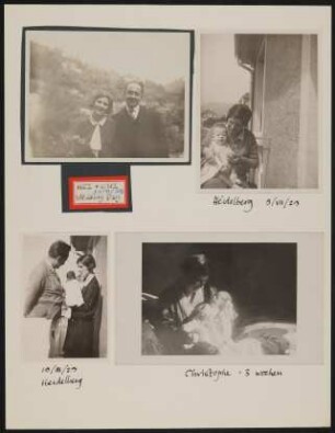 Pappe mit vier Fotografien von Christiane und Heinrich Zimmer mit dem ersten Sohn Christoph in Heidelberg