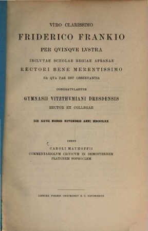Commentariolum criticum in Demosthenem Platonem Sophoclem : (Schrift des Vitzthumschen Gymn.)
