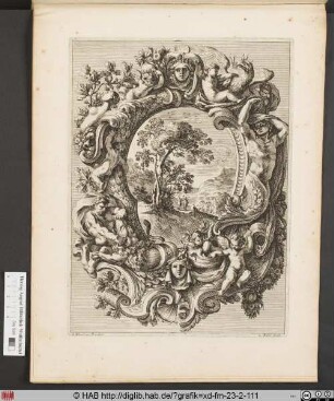 Paysage dans un cartouche dont la bordure est ornée [...] d'un centaure se battant contre un lion.