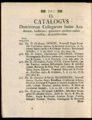 II. Catalogus Dominorum Collegarum huius Academiae, hactenus, quantum quidem nobis constat, demortuorum.