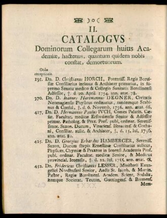 II. Catalogus Dominorum Collegarum huius Academiae, hactenus, quantum quidem nobis constat, demortuorum.