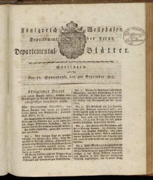 Nro 71. Sonnabend, den 4ten September 1813 [-] Nro 80. Sonnabend, den 9ten October 1813
