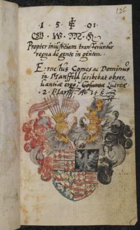 Wappen: Graf Ernst von Mansfeld (Graf Ernst III. von Mansfeld-Vorderort (15444-1609) oder Graf Ernst IV. von Mansfeld-Hinterort (1561-1609), Eintrag 1591