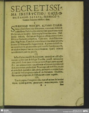 Secretissima Instructio, Gallo-Britanno-Batava, Friderico V. Comiti Palatino electori data
