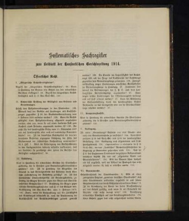 Systematisches Sachregister zum Beiblatt der Hanseatischen Gerichtszeitung 1914.