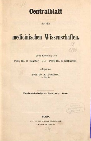 Centralblatt für die medicinischen Wissenschaften. 32. 1894