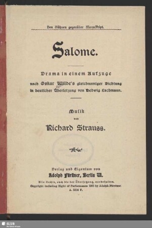 Salome : Drama in einem Aufzuge nach Oskar Wilde's gleichnamiger Dichtung