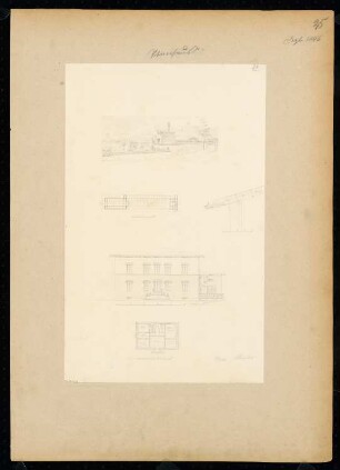 Pfarrhaus Monatskonkurrenz Dezember 1846: Gesamtgrundriss (mit Kirche), Grundriss Erdgeschoss, Aufriss Hofansicht, perspektivische Ansicht, Detail: Traufenschnitt; 4 Maßstabsleisten