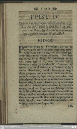 Epist. IV. Illustrat quaedam in praecedente Epistola v. gr. dic cur hic ...