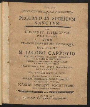 Disputatio Theologico-Philosophica De Peccato In Spiritum Sanctum