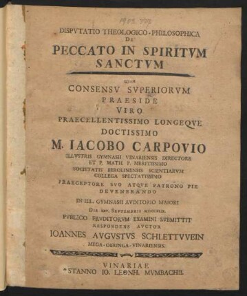 Disputatio Theologico-Philosophica De Peccato In Spiritum Sanctum