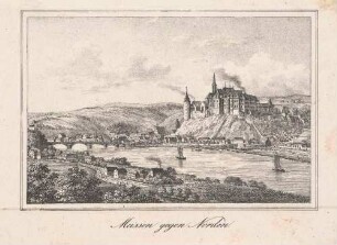 Stadtansicht von Meißen, Blick vom rechten Elbufer nach Süden auf den Burgberg mit dem Dom und der Albrechtsburg