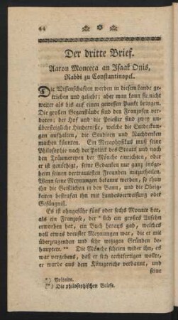 Der dritte Brief. Aaron Monceca an Isaak Onis, Rabbi zu Constantinopel