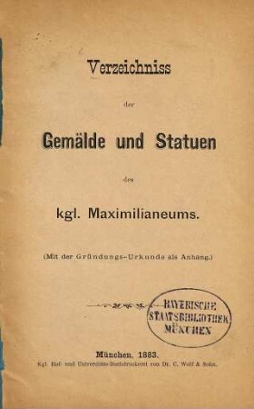 Verzeichnis der Gemälde und Statuen des kgl. Maximilianeums : 