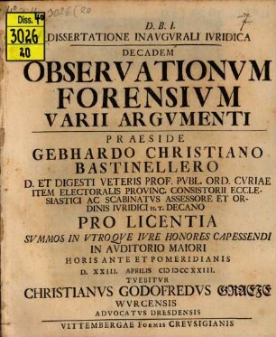 Dissertatione Inavgvrali Ivridica Decadem Observationvm Forensivm Varii Argvmenti