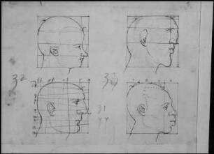 Vier Männerköpfe im Profil, Proportionsstudien : Dresdner Skizzenbuch (1507/1528). Vier Männerköpfe im Profil, Proportionsstudien. Dresden: SLUB Mscr.Dresd.R.147.f