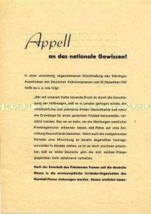 Propagandaflugblatt des Ständigen Ausschusses des Deutschen Volkskongresses