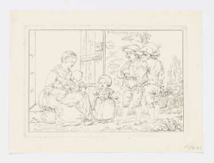 Sitzende Frau mit einem kleinen Mädchen auf dem Schoß, ein Mädchen und zwei Jungs, Blatt 2 der Folge "Etudes de figures dessine d’aprés nature"